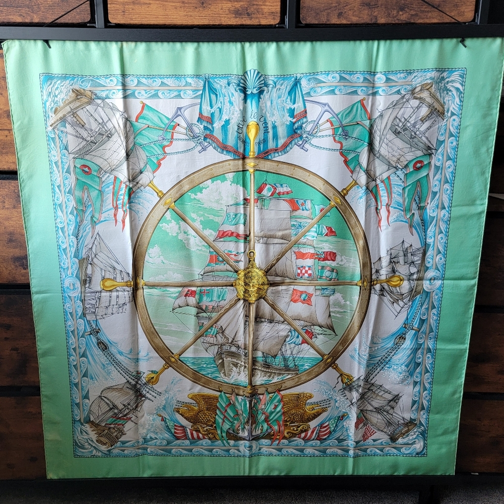 RARE Authentic Hermes Nautical Themed Silk Scarf in Green